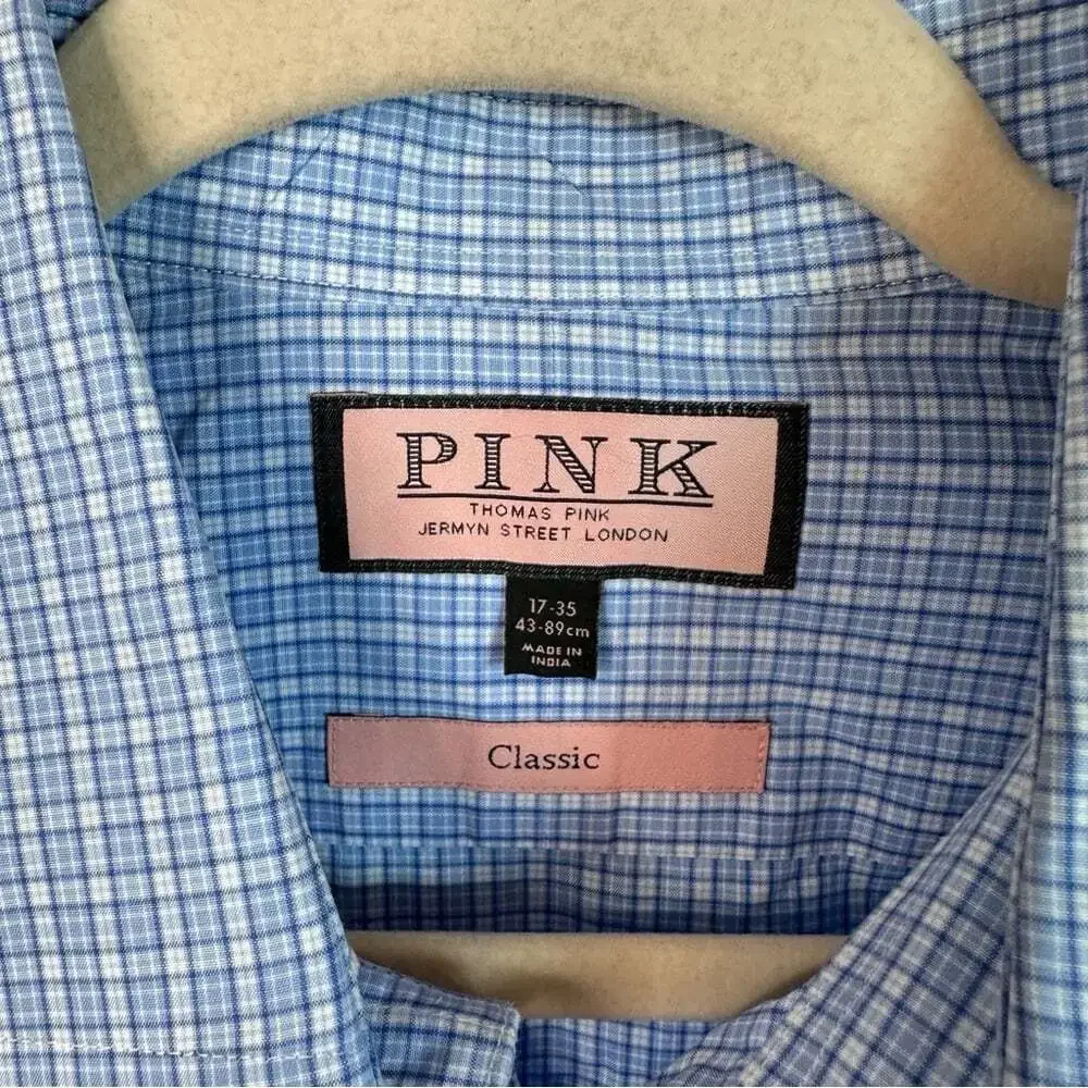 Thomas Pink Blue Check Shirt 17 Cotton Tailored Fit Button Front Businesscore